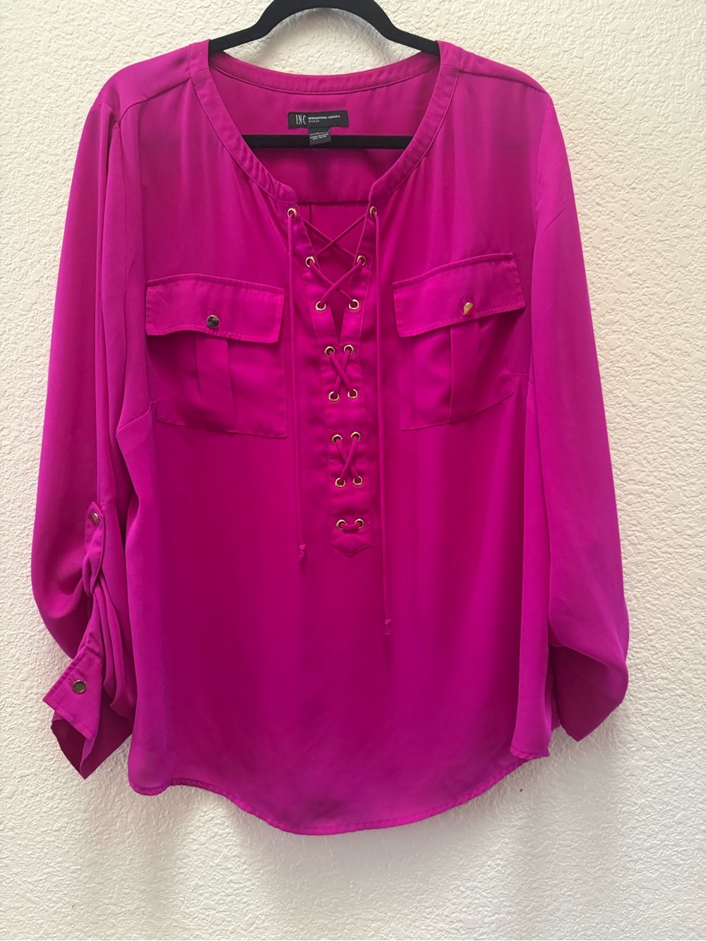 INC Hot Pink Lace-Up Utility Blouse